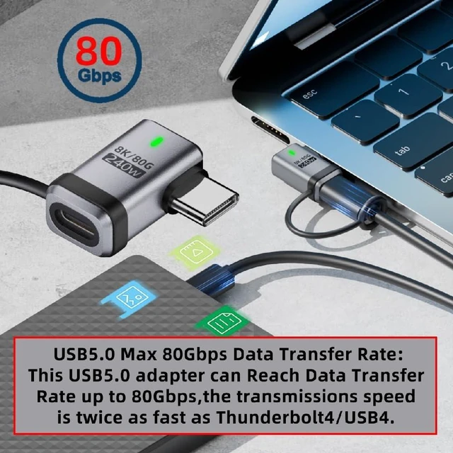 Alt view image 3 of 7 - 240W USB5.0 80Gbps Left Right Angled Extension Adapter with Lanyard Keychain 16K 8K 5K Compatible with USB4.0 Thunderbolt3/4/5