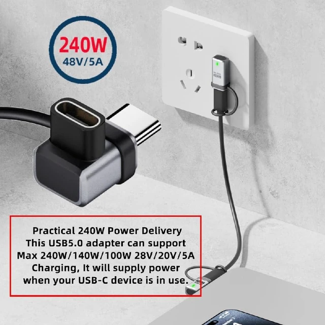 Alt view image 2 of 7 - 240W USB5.0 80Gbps Low Profile Down Up Angled Extension Adapter with Lanyard Keychain 16K 8K 5K Compatible with USB4.0 Thunderbolt3/4/5