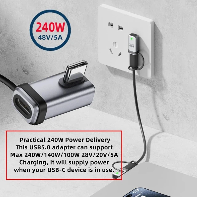 Alt view image 2 of 7 - 240W USB5.0 80Gbps Low Profile Left Right Angled Extension Adapter with Lanyard Keychain 16K 8K 5K Compatible with USB4.0 Thunderbolt3/4/5