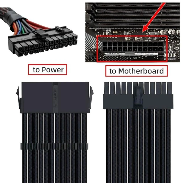 Alt view image 4 of 7 - ATX3.0 Power Cable 24Pin to 24Pin Male to Female Extension with Sleeve for Mainboard Motherboard Desktops PC Supply 1ft