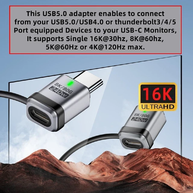 Alt view image 4 of 7 - 240W USB5.0 80Gbps Extension Adapter Male to Female Straight with Lanyard Keychain 16K 8K 5K Compatible with USB4.0 Thunderbolt3/4/5