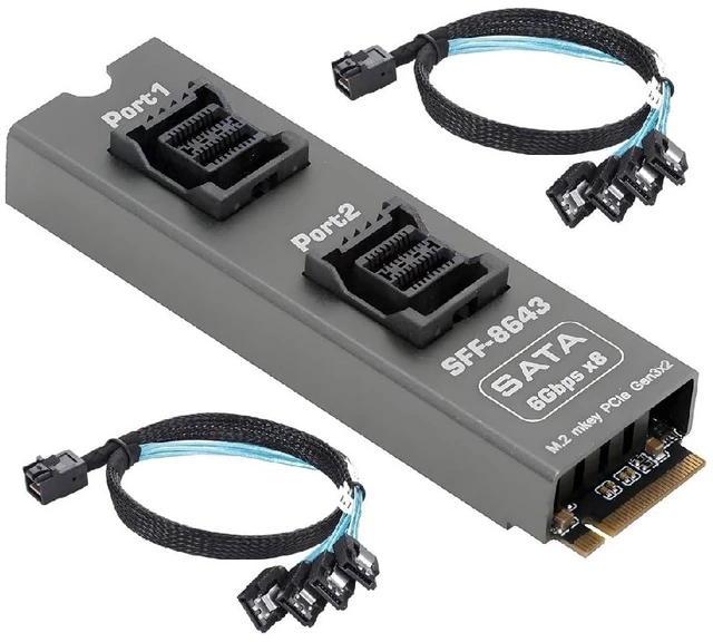 Main image of M-Key NVMe NGFF 2280 to Dual SFF-8643 Slimline 8Port SATA 3.0 6Gbps Storage Expansion Adapter Card with Two Cables