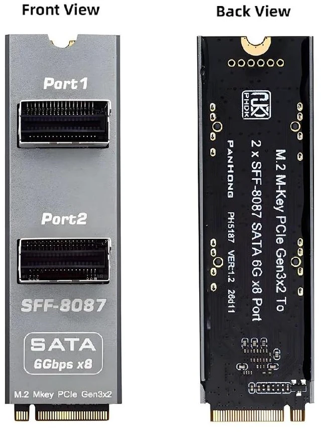 Alt view image 4 of 7 - M-Key NVMe NGFF 2280 to Dual SFF8087 8Port SATA 3.0 6Gbps Storage Expansion Adapter Card