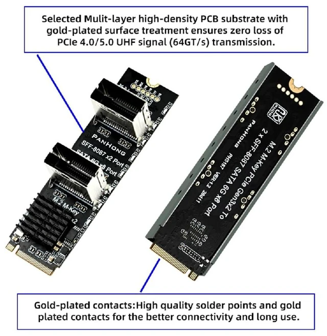 Alt view image 6 of 7 - M-Key NVMe NGFF 2280 to Dual SFF8087 8Port SATA 3.0 6Gbps Storage Expansion Adapter Card
