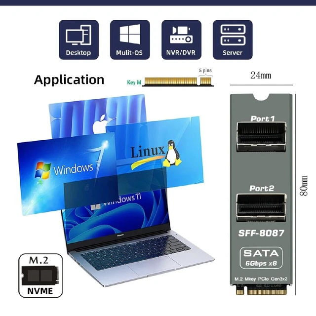 Alt view image 7 of 7 - M-Key NVMe NGFF 2280 to Dual SFF8087 8Port SATA 3.0 6Gbps Storage Expansion Adapter Card