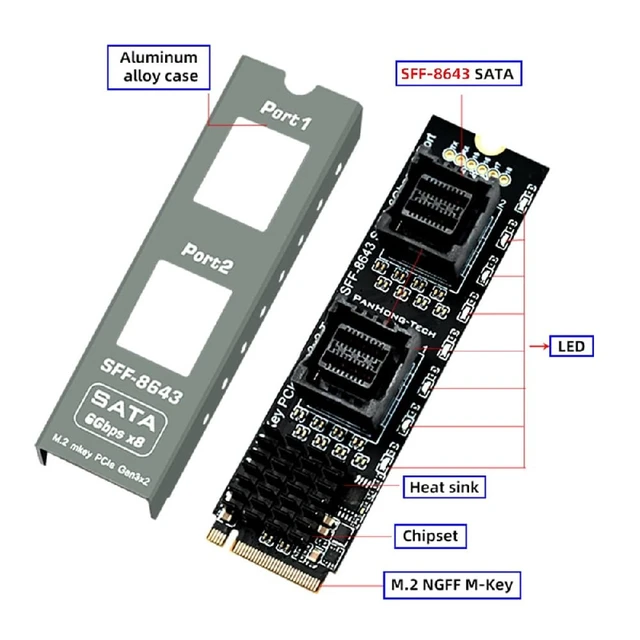 Alt view image 2 of 7 - M-Key NVMe NGFF 2280 to Dual SFF-8643 Slimline 8Port SATA 3.0 6Gbps Storage Expansion Adapter Card with Two Cables