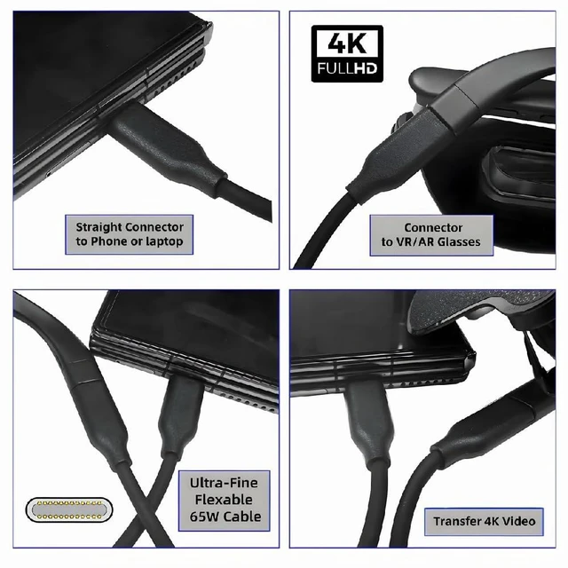 Alt view image 2 of 7 - USB-C Male to Male Cable, Ultra-Fine Flexable OD 3.0mm 10Gbps Data 65W PD Charging 4K Video Output for VR AR Glasses NS Handheld Console 1M