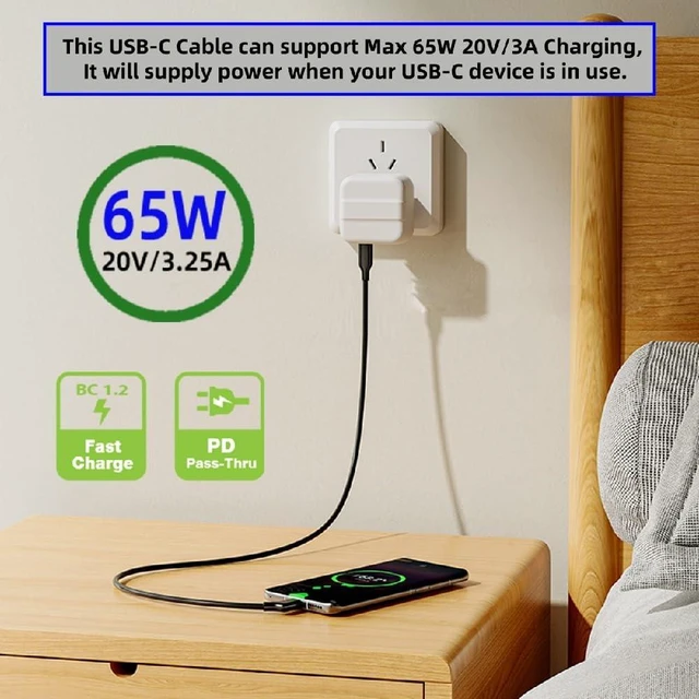 Alt view image 4 of 7 - USB-C Male to Male Cable, Ultra-Fine Flexable OD 3.0mm 10Gbps Data 65W PD Charging 4K Video Output for VR AR Glasses NS Handheld Console 1M
