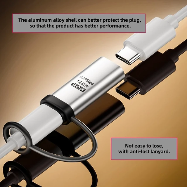 Alt view image 6 of 7 - 2pcs/lot 20Gbps USB-C Reversible Dual Female Ports 240W 8K Video Extension Adapter with Lanyard Keychain