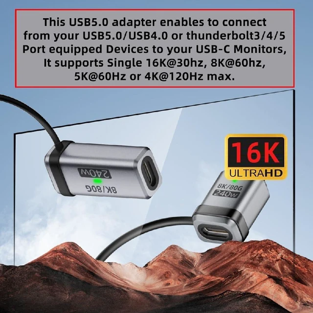 Alt view image 4 of 7 - 240W USB5.0 80Gbps Extension Adapter Female to Female Angled with Lanyard Keychain 16K 8K 5K Compatible with USB4.0 Thunderbolt3/4/5
