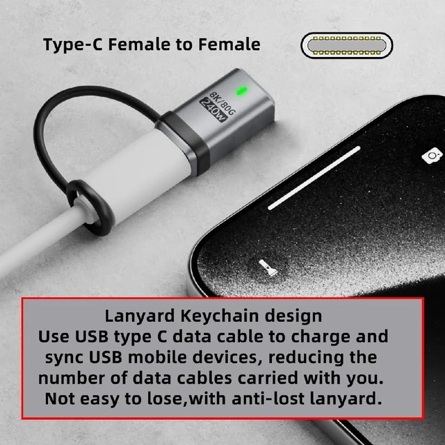Alt view image 5 of 7 - 240W USB5.0 80Gbps Extension Adapter Female to Female Angled with Lanyard Keychain 16K 8K 5K Compatible with USB4.0 Thunderbolt3/4/5