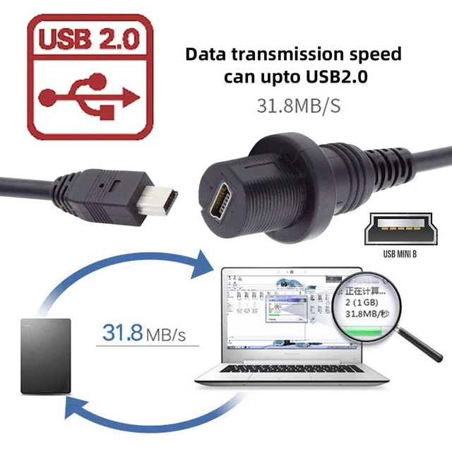 Alt view image 4 of 7 - Waterproof Dustproof 480Mbps Mini USB2.0 5Pin Male to Female Extension Data Power Cable Car Panel Mount Design 1m