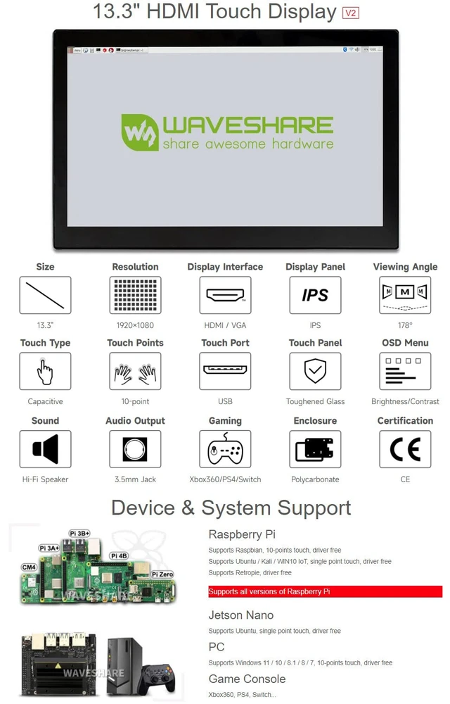 Alt view image 3 of 7 - 13.3inch Capacitive Touch Screen LCD V1, with Case and Toughened Glass Cover, 1920×1080, HDMI, IPS,