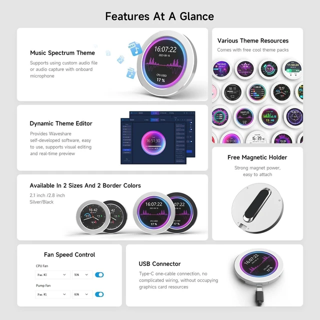 Alt view image 4 of 7 - Waveshare 2.1inch CPU/GPU Cooler Round LCD Display, AIO Computer Temp Monitor for Water Cooling Systems, PC Sensor Panel for PC Computer Accessories in Side Prebuilt Gaming PC Parts, Silver