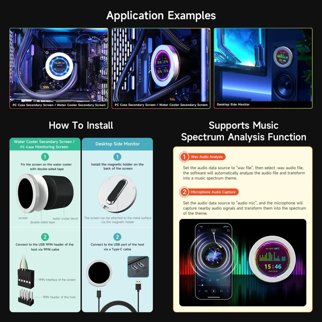 Alt view image 5 of 7 - Waveshare 2.1inch CPU/GPU Cooler Round LCD Display, AIO Computer Temp Monitor for Water Cooling Systems, PC Sensor Panel for PC Computer Accessories in Side Prebuilt Gaming PC Parts, Silver