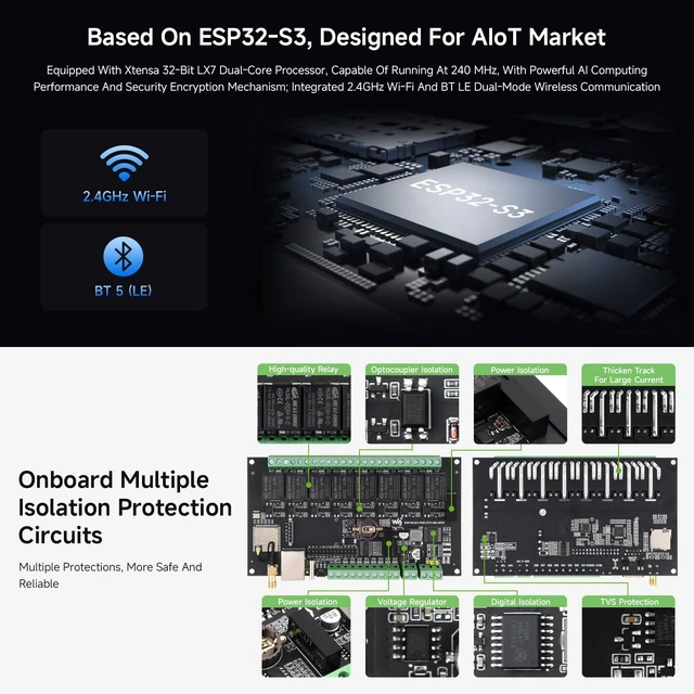 Alt view image 5 of 7 - Waveshare Industrial 8-Channel ESP32-S3 WiFi Relay Module, Isolated CAN Interface, Xtensa 32-bit LX7 Dual-core Processor, 240MHz, Multiple Isolation Protection Circuits, PoE Ethernet Port