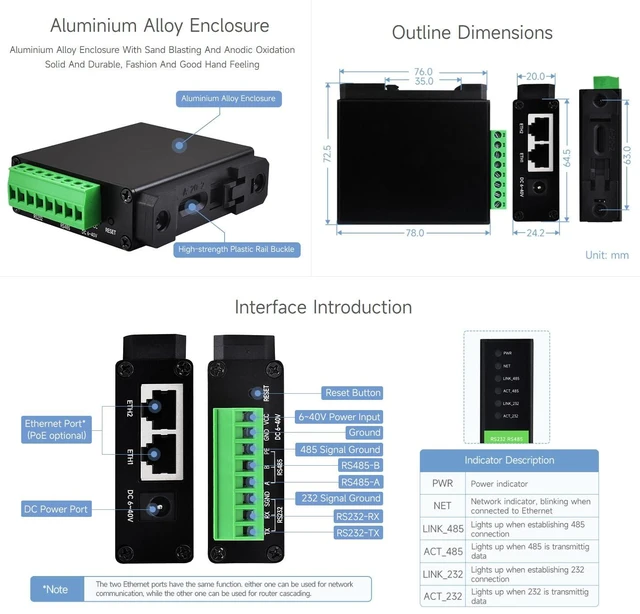 Alt view image 7 of 7 - RS232 RS485 to RJ45 Ethernet Serial Server, RS232 and RS485 Dual Channels Independent Operation, Dual Ethernet Ports, Common Network Port
