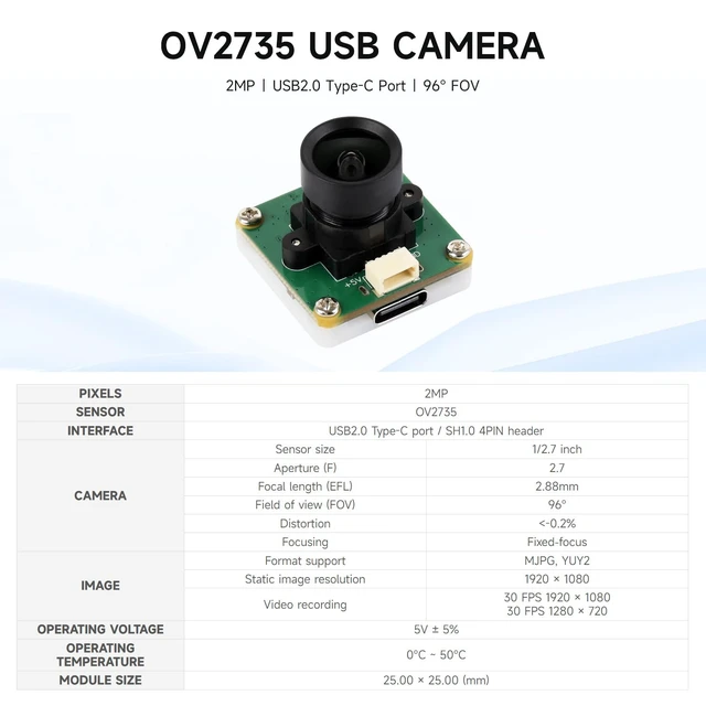 Alt view image 3 of 5 - OV2735 2MP USB Camera (A), Supports USB2.0 Type-C Port and SH1.0 4PIN Header
