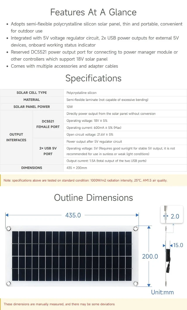 Alt view image 4 of 6 - Semi-Flexible Polycrystalline Silicon Solar Panel (18V 10W), Supports 5V Regulated Output