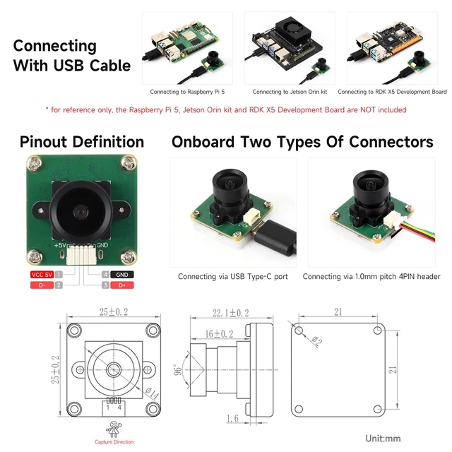 Alt view image 5 of 5 - OV2735 2MP USB Camera (A), Supports USB2.0 Type-C Port and SH1.0 4PIN Header