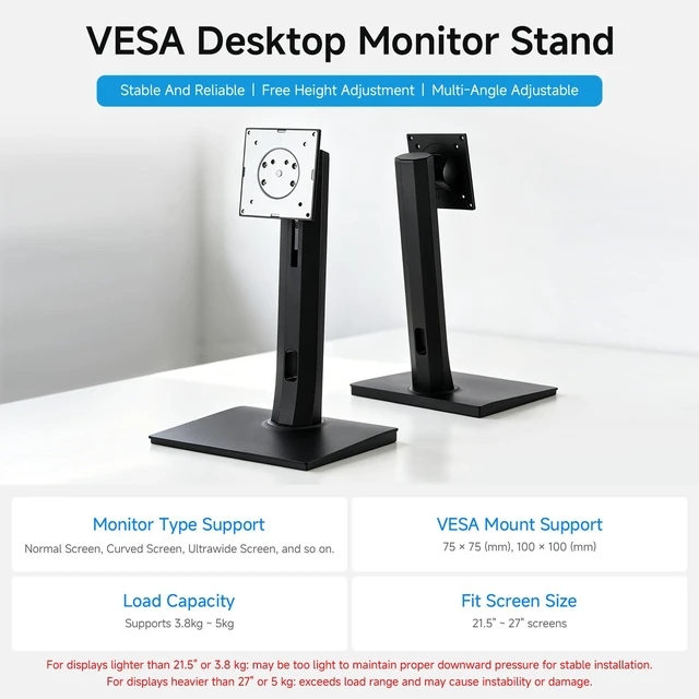 Alt view image 3 of 7 - VESA Desktop Monitor Stand for 21.5" ~ 27" Monitors, with 75 × 75/100 × 100 (mm) VESA Mounting Holes, Multi-Angle Adjustable, Weighted Base, and Ergonomic Design