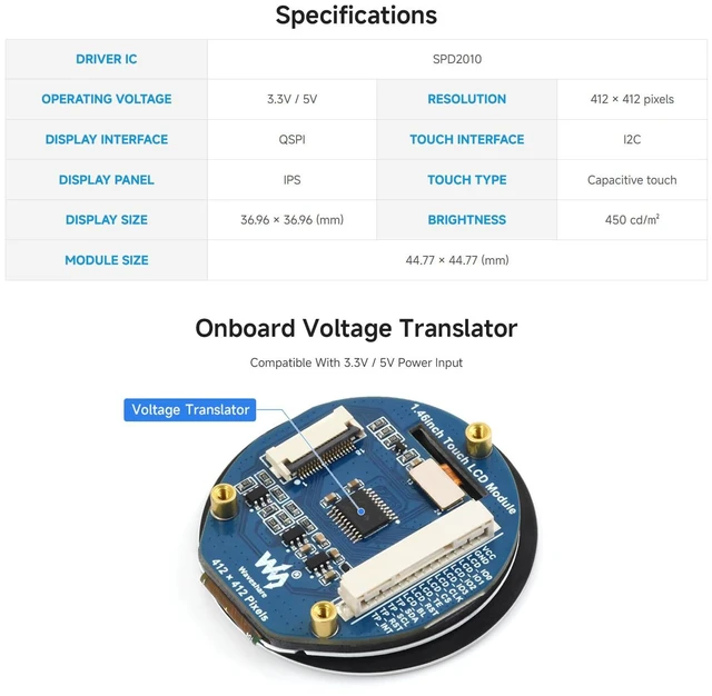 Alt view image 4 of 6 - 1.46inch Touch LCD Display Module, 412 × 412, SPD2010 Driver Chip