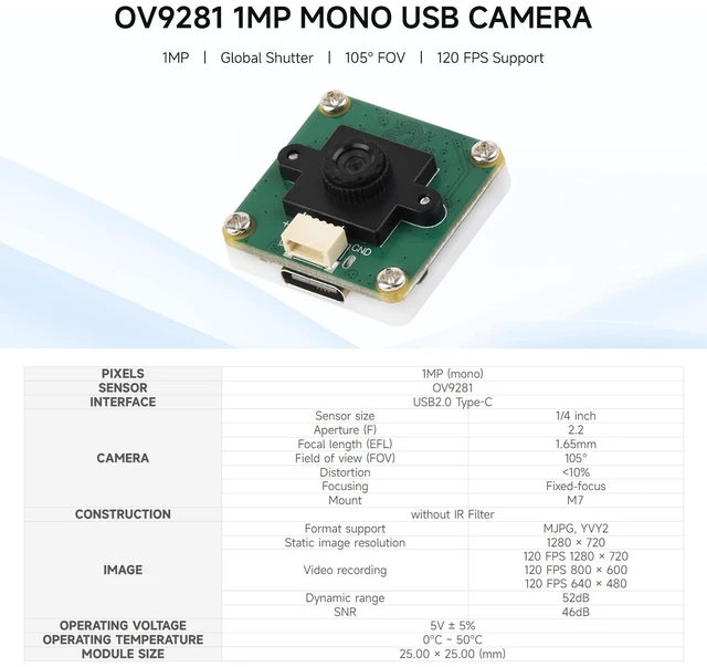 Alt view image 3 of 5 - OV9281 1MP Mono USB Camera (A), Supports 120FPS High Frame Rate Recording, Global Shutter for Clearer Imaging