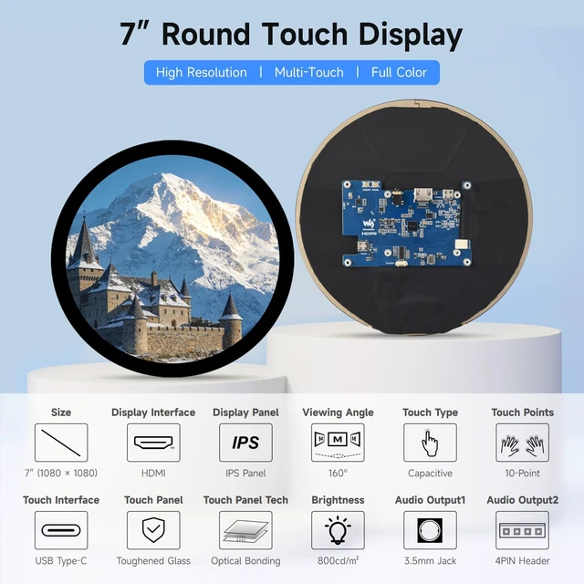 Alt view image 3 of 7 - 7inch HDMI Round Capacitive Touch Display, 1080 × 1080 Resolution, IPS Display Panel, 10-Point Touch, Optical Bonding Toughened Glass Panel