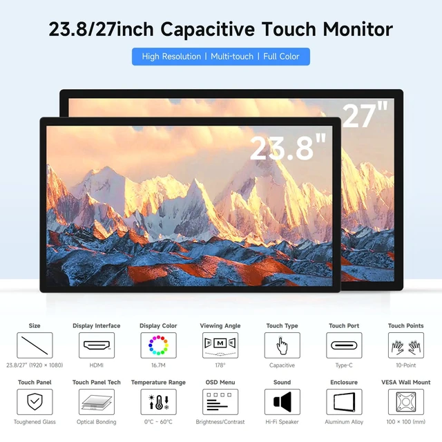 Alt view image 3 of 7 - 27inch Capacitive Touch Monitor, 1920×1080 Full HD, Optical Bonding Toughened Glass Panel, HDMI Display Interface, 10-Point Touch