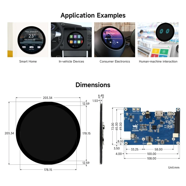Alt view image 7 of 7 - 7inch HDMI Round Capacitive Touch Display, 1080 × 1080 Resolution, IPS Display Panel, 10-Point Touch, Optical Bonding Toughened Glass Panel