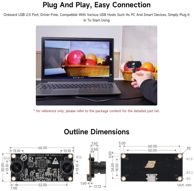 Alt view image 5 of 5 - AR0144 2MP Stereo USB Camera Module, AR0144 Sensor Chip, USB2.0 Port, Synchronized Same-Frame Output, 52mm Baseline, Featuring Distortion-Free Lenses