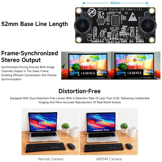 Alt view image 4 of 5 - AR0144 2MP Stereo USB Camera Module, AR0144 Sensor Chip, USB2.0 Port, Synchronized Same-Frame Output, 52mm Baseline, Featuring Distortion-Free Lenses