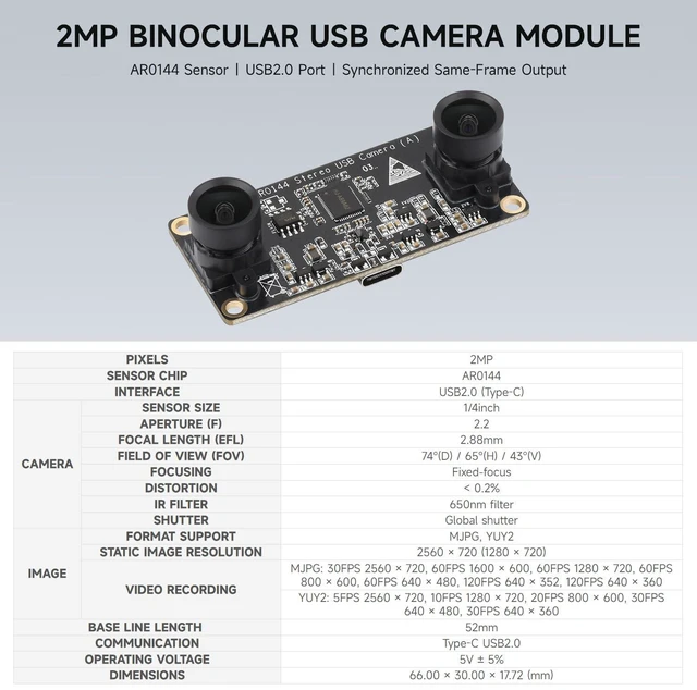 Alt view image 3 of 5 - AR0144 2MP Stereo USB Camera Module, AR0144 Sensor Chip, USB2.0 Port, Synchronized Same-Frame Output, 52mm Baseline, Featuring Distortion-Free Lenses