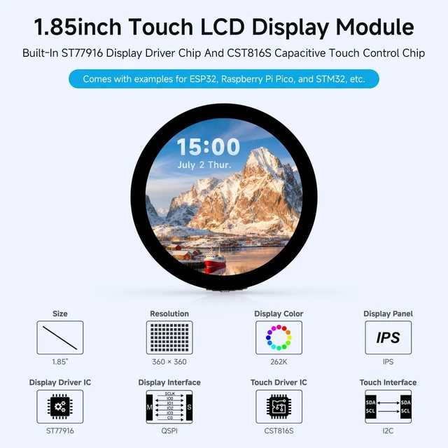 Alt view image 3 of 7 - 1.85inch Touch LCD Display Module, 360 × 360, 262K Color
