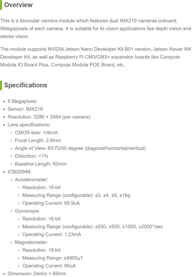 Alt view image 4 of 5 - Binocular Camera Module Dual IMX219 8 Megapixels for AI Vision Applications Like Depth and Stereo Vision Supports Jetson Nano Developer Kit B01 and Raspberry Pi CM3/CM3+