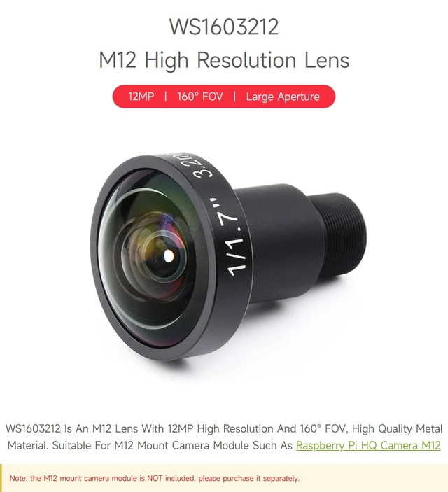 Alt view image 3 of 6 - M12 High Resolution Lens, 12MP, 160° FOV, 3.2mm Focal Length, Compatible with Raspberry Pi Camera M12