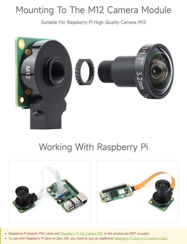 Alt view image 5 of 6 - M12 High Resolution Lens, 12MP, 160° FOV, 3.2mm Focal Length, Compatible with Raspberry Pi Camera M12