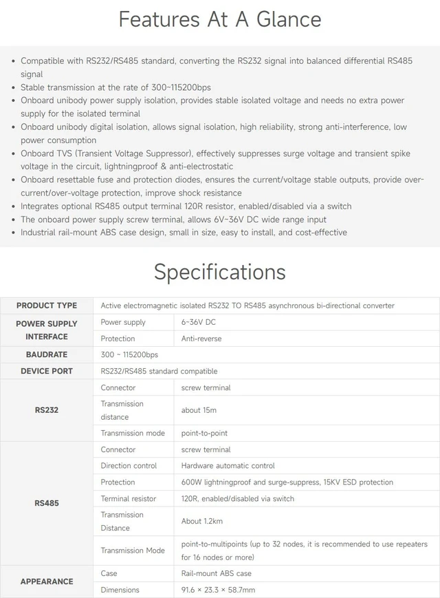 Alt view image 4 of 7 - RS232 to RS485 Converter, Active Digital Isolator, Rail-Mount Support,Multi-Isolation Protection