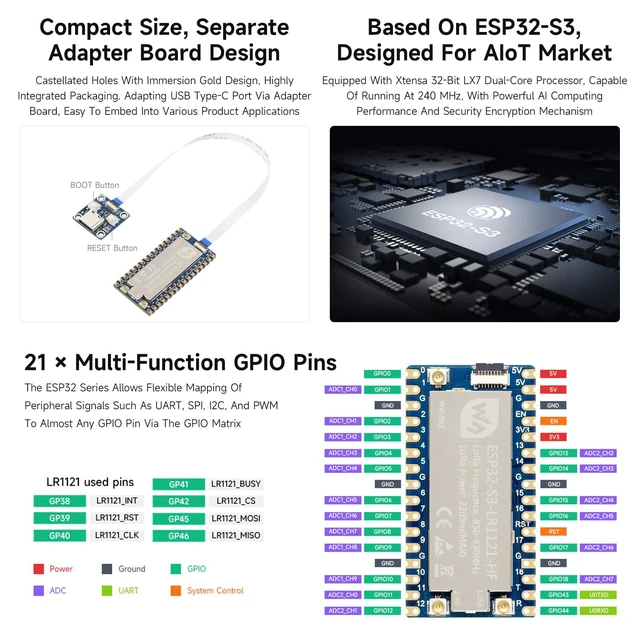 Alt view image 5 of 6 - ESP32-S3 LoRa Development Board, Integrates LR1121 Third-Generation RF Chip, Supports Sub-GHz/2.4GHz LoRa Wireless Communication, HF Version, 410~510MHz Frequency