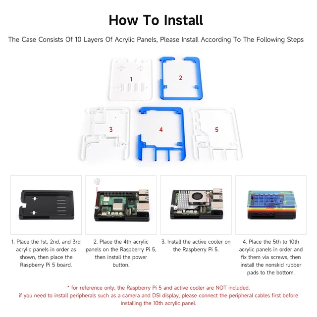 Alt view image 6 of 6 - Transparent and Blue Acrylic Case for Raspberry Pi 5, Supports Installing Official Active Cooler