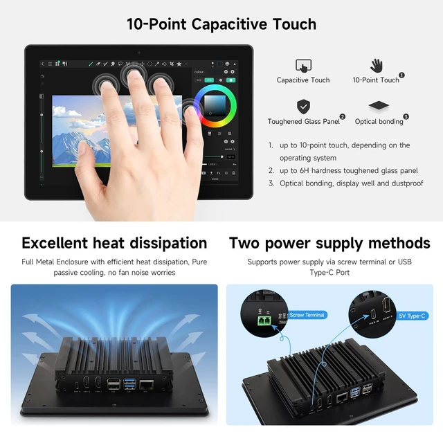 Alt view image 6 of 7 - Industrial HMI All-in-one 10.1inch Touch Display, Compatible with Raspberry Pi (Not Included), Supports Dual 4K HDMI Output, 10-Point Touch, Aluminum Alloy Case, Efficient Heat Dissipation