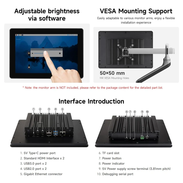 Alt view image 7 of 7 - Industrial HMI All-in-one 10.1inch Touch Display, Compatible with Raspberry Pi (Not Included), Supports Dual 4K HDMI Output, 10-Point Touch, Aluminum Alloy Case, Efficient Heat Dissipation