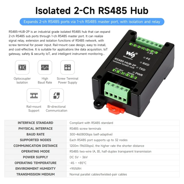 Alt view image 3 of 7 - Industrial-Grade Isolated 2-Channel RS485 Hub, Rail-Mount Support, Wide Baud Rate Range, Expands 2-ch RS485 Sub Ports Via 1-ch RS485 Master Port, with Isolation and Signal Relay