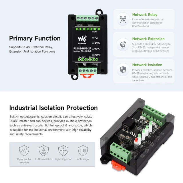 Alt view image 4 of 7 - Industrial-Grade Isolated 2-Channel RS485 Hub, Rail-Mount Support, Wide Baud Rate Range, Expands 2-ch RS485 Sub Ports Via 1-ch RS485 Master Port, with Isolation and Signal Relay