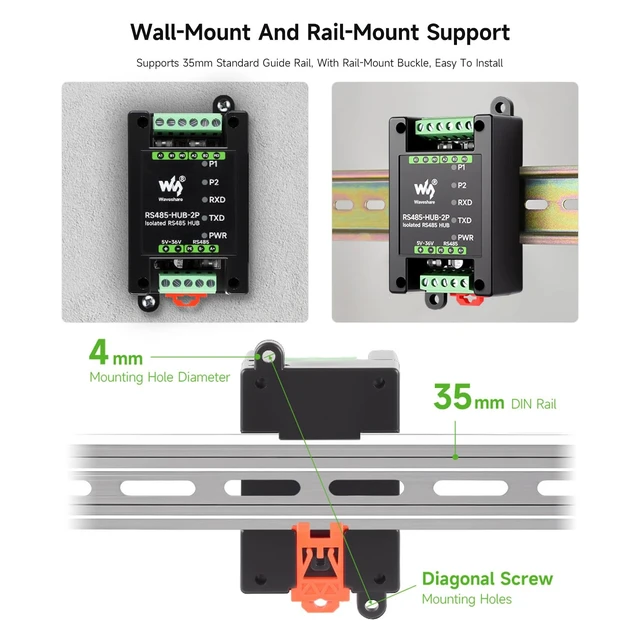 Alt view image 6 of 7 - Industrial-Grade Isolated 2-Channel RS485 Hub, Rail-Mount Support, Wide Baud Rate Range, Expands 2-ch RS485 Sub Ports Via 1-ch RS485 Master Port, with Isolation and Signal Relay