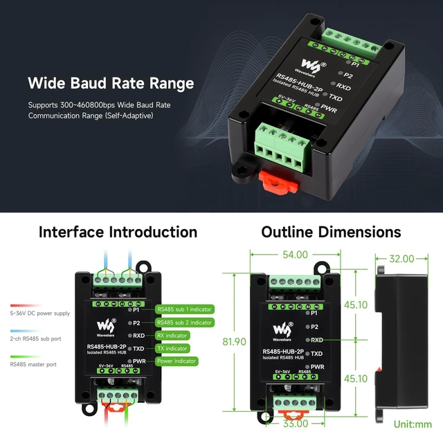 Alt view image 7 of 7 - Industrial-Grade Isolated 2-Channel RS485 Hub, Rail-Mount Support, Wide Baud Rate Range, Expands 2-ch RS485 Sub Ports Via 1-ch RS485 Master Port, with Isolation and Signal Relay