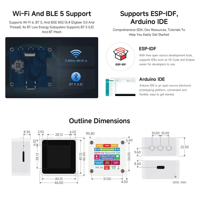 Alt view image 7 of 7 - ESP32-C6 1.54inch LCD Display Development Board, 240 × 240 Resolution, 262K Color, Supports Dual Microphones, 2.4GHz Wi-Fi 6 and BLE 5, No Batt