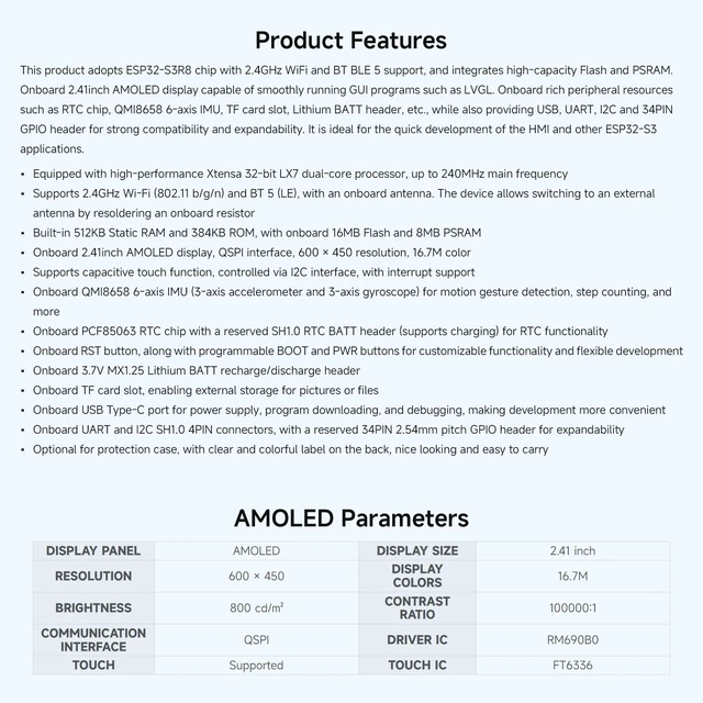 Alt view image 4 of 5 - ESP32-S3 2.41inch AMOLED Touch Display Development Board, 600×450, 32-bit LX7 Dual-core Processor, Onboard Accelerometer and Gyroscope Sensor, ESP32 with Display, with Case