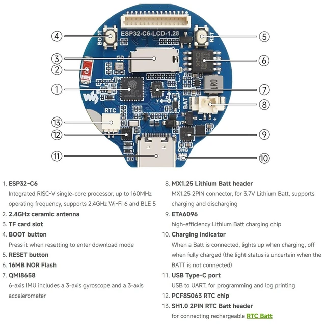 Alt view image 7 of 7 - ESP32-C6 1.28inch LCD Display Development Board, 240 × 240