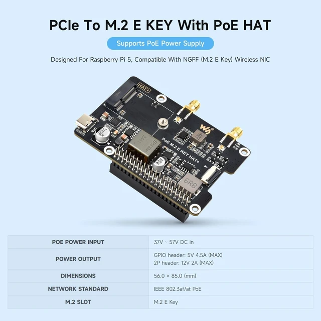 Alt view image 3 of 7 - PCIe to M.2 E Key Adapter with PoE Function, Compatible with Raspberry Pi 5, Support NGFF (M.2 E Key) Wireless NIC, Raspberry Pi 5 PCIe HAT